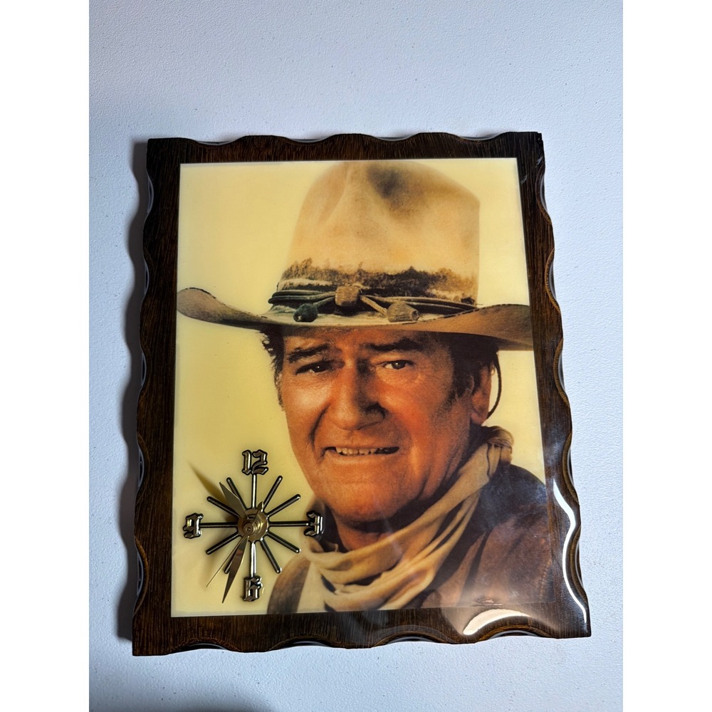 AS IS John Wayne Wall Clock 11.5x9.25 Brown Wood‎ Resin Portrait Vintage Style